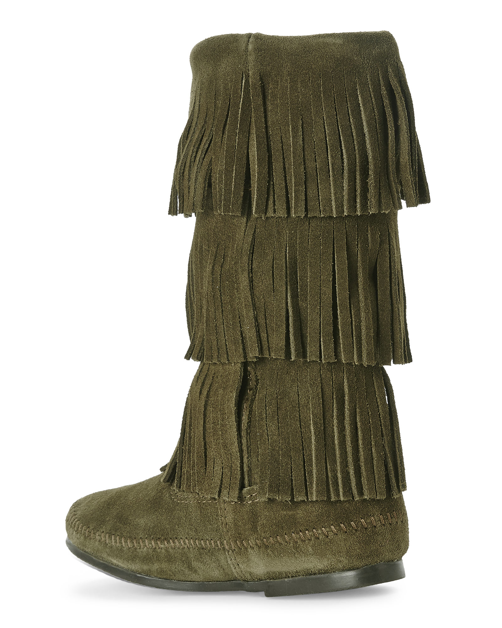 Minnetonka Olive Layered Fringe Boots in Green | Lyst