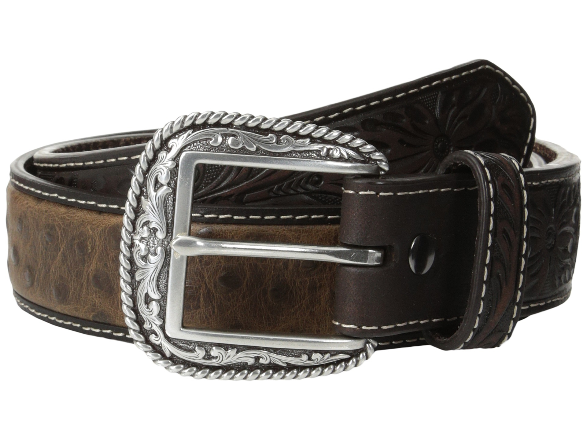 Ariat Tooled Tab Ostrich Belt in Brown for Men | Lyst