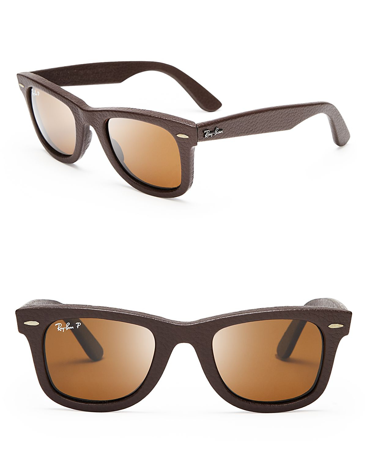 RayBan Polarized Leather Wayfarer Sunglasses in Brown Leather (Brown
