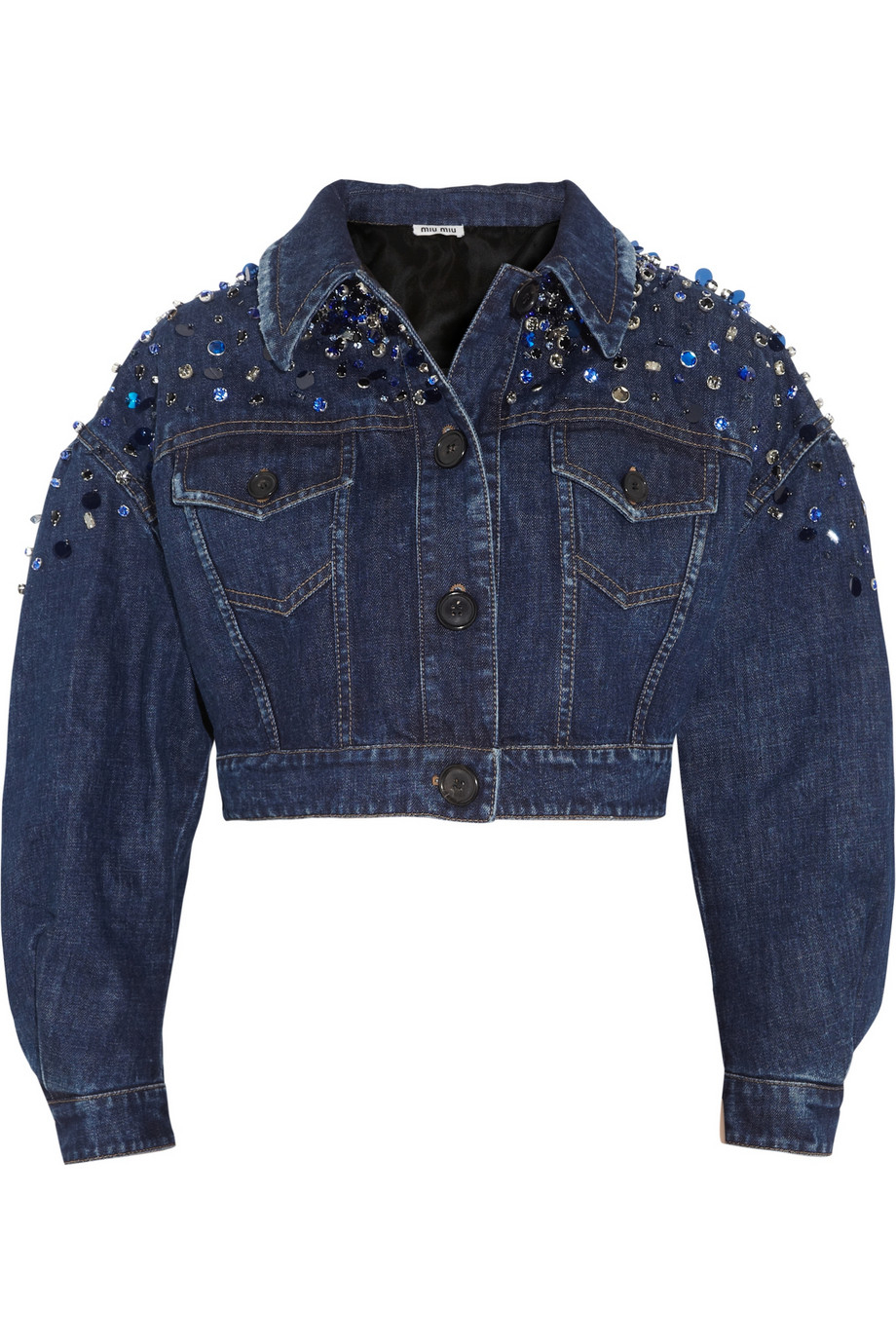 Lyst - Miu Miu Embellished Cropped Denim Jacket in Blue