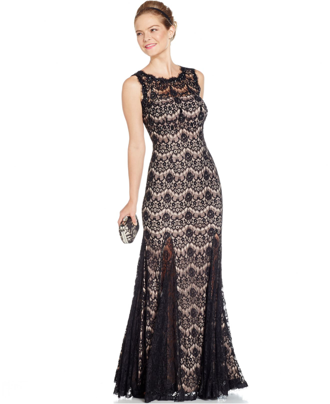 Lyst - Betsy & Adam Open-back Lace Gown in Black