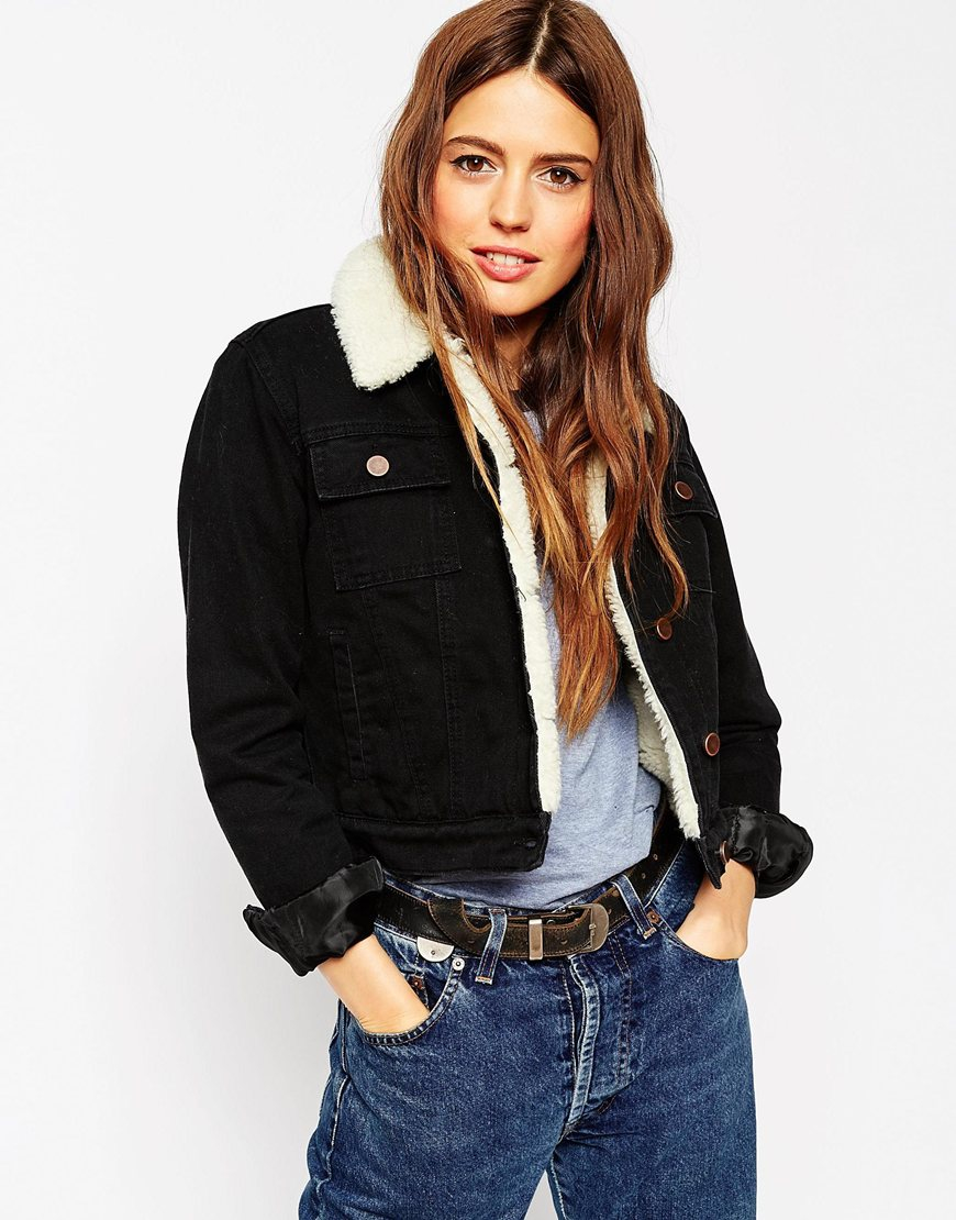 Asos Denim Cropped Jacket In Black With Borg Lining in Blue | Lyst