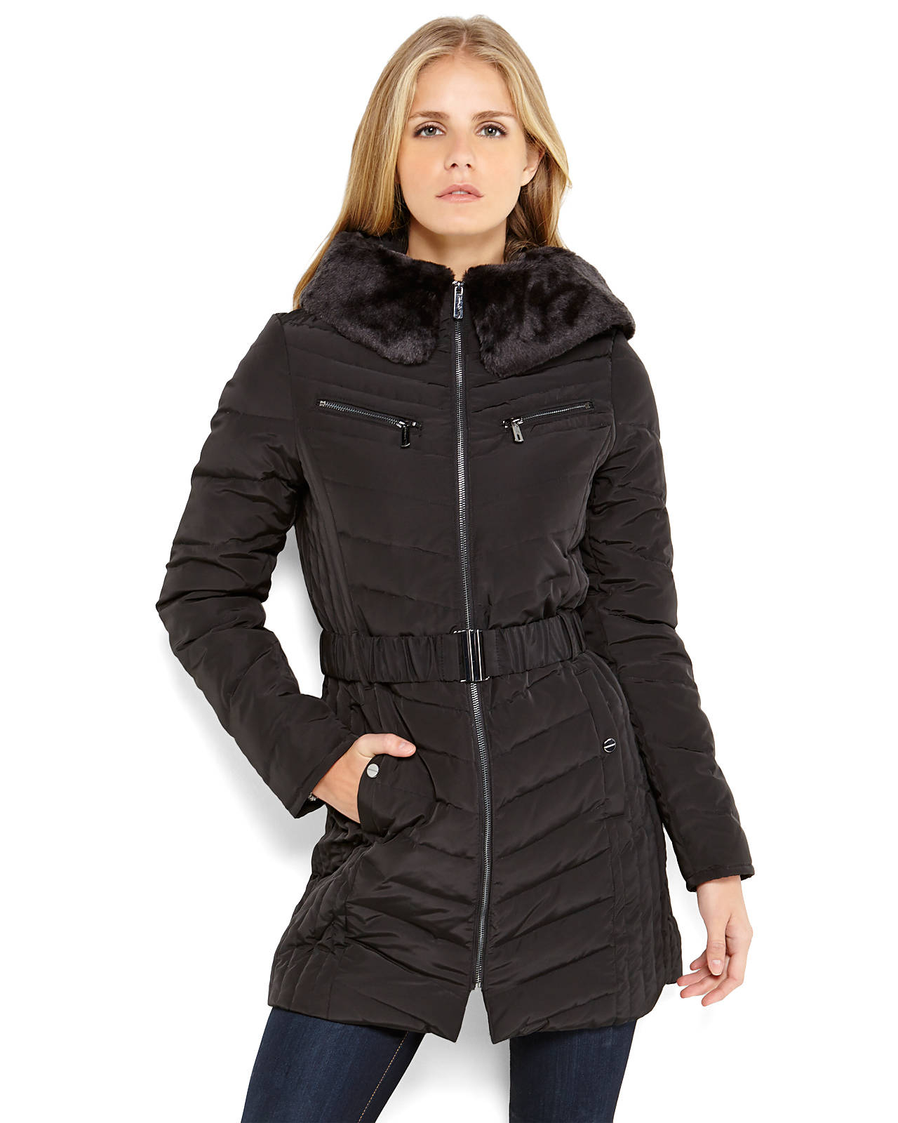 Kenneth cole Faux Fur Trim Belted Down Coat in Black | Lyst