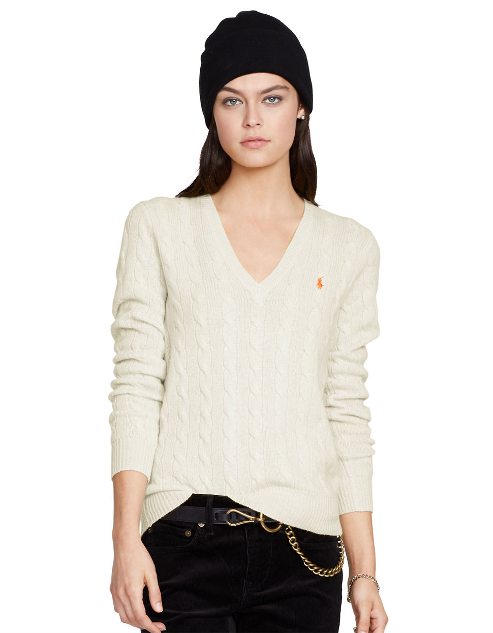 Polo ralph lauren Cable Knit V Neck Sweater in Natural | Lyst