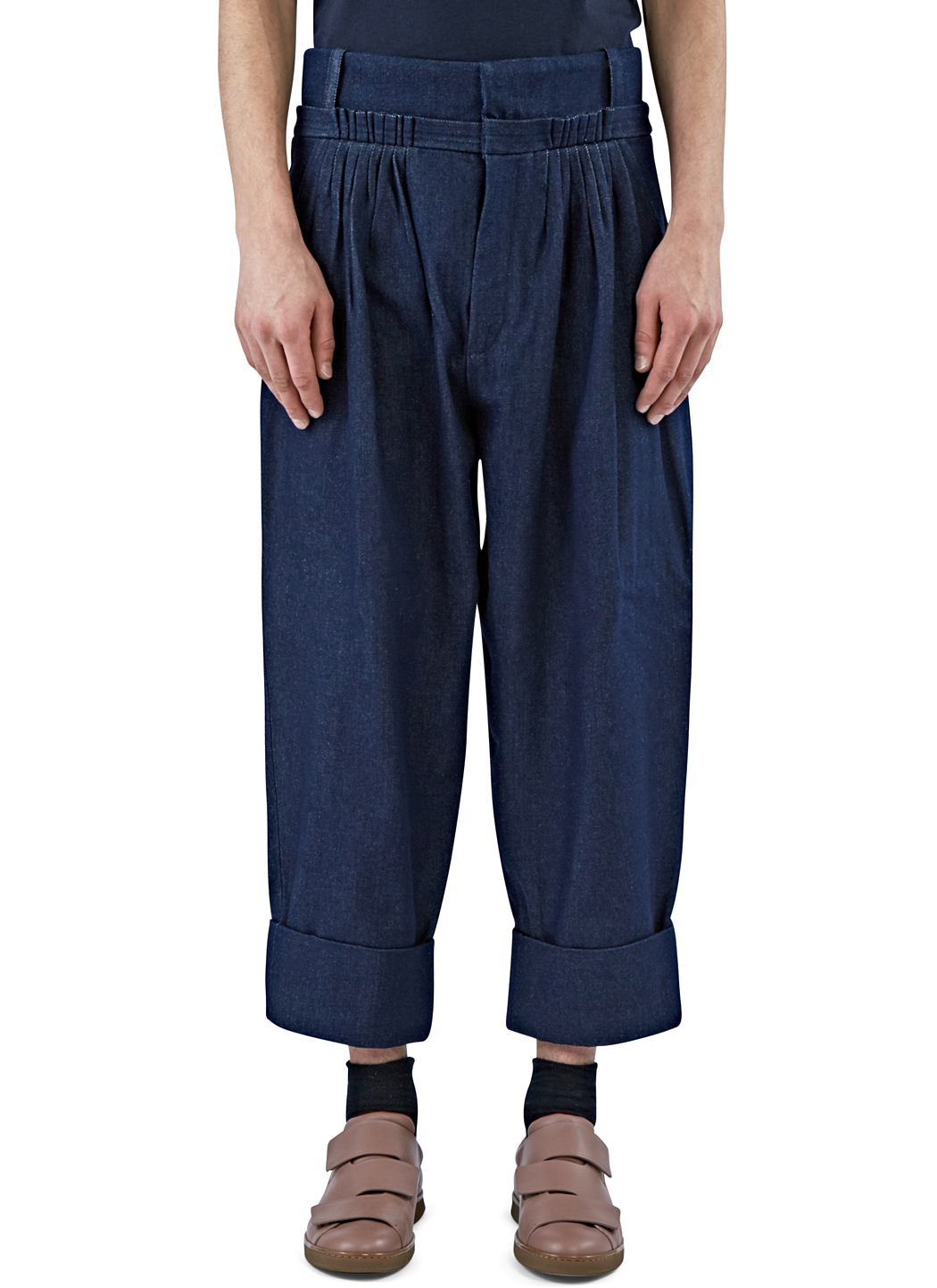 mens pleated denim trousers