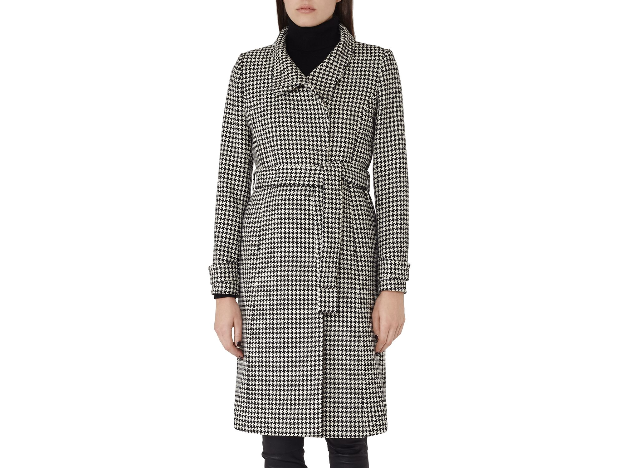 Reiss Rubik Houndstooth Wrap Coat in Black - Lyst