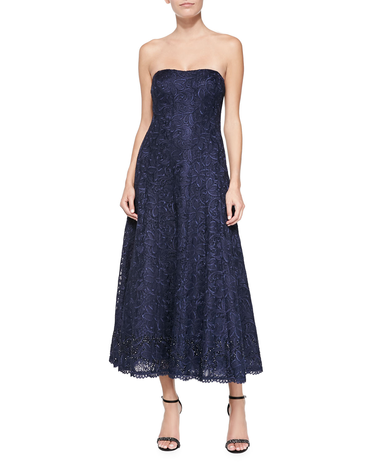 strapless tea length cocktail dress