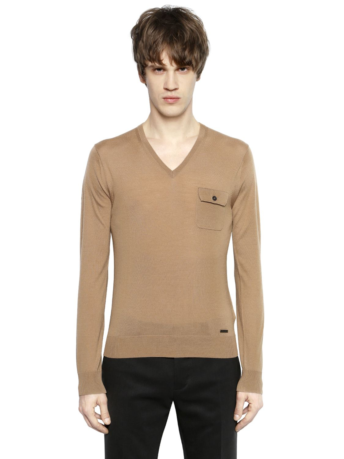 Lyst - Dsquared² V Neck Wool Sweater With Pocket in Natural for Men