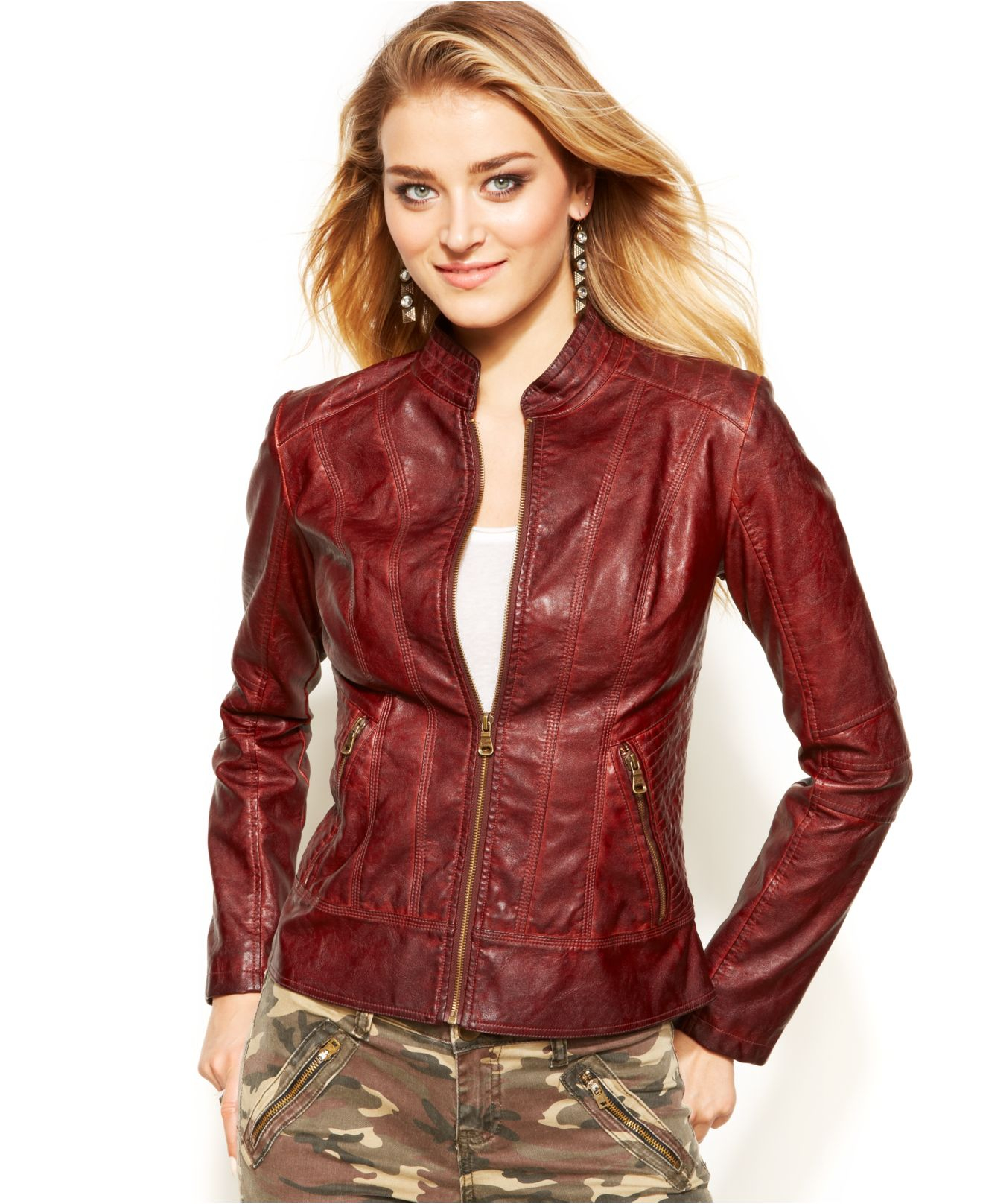 Lyst Guess Faux Leather Jacket In Red