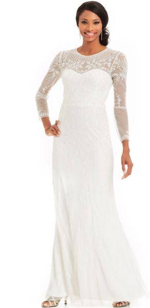 adrianna papell long sleeve beaded gown