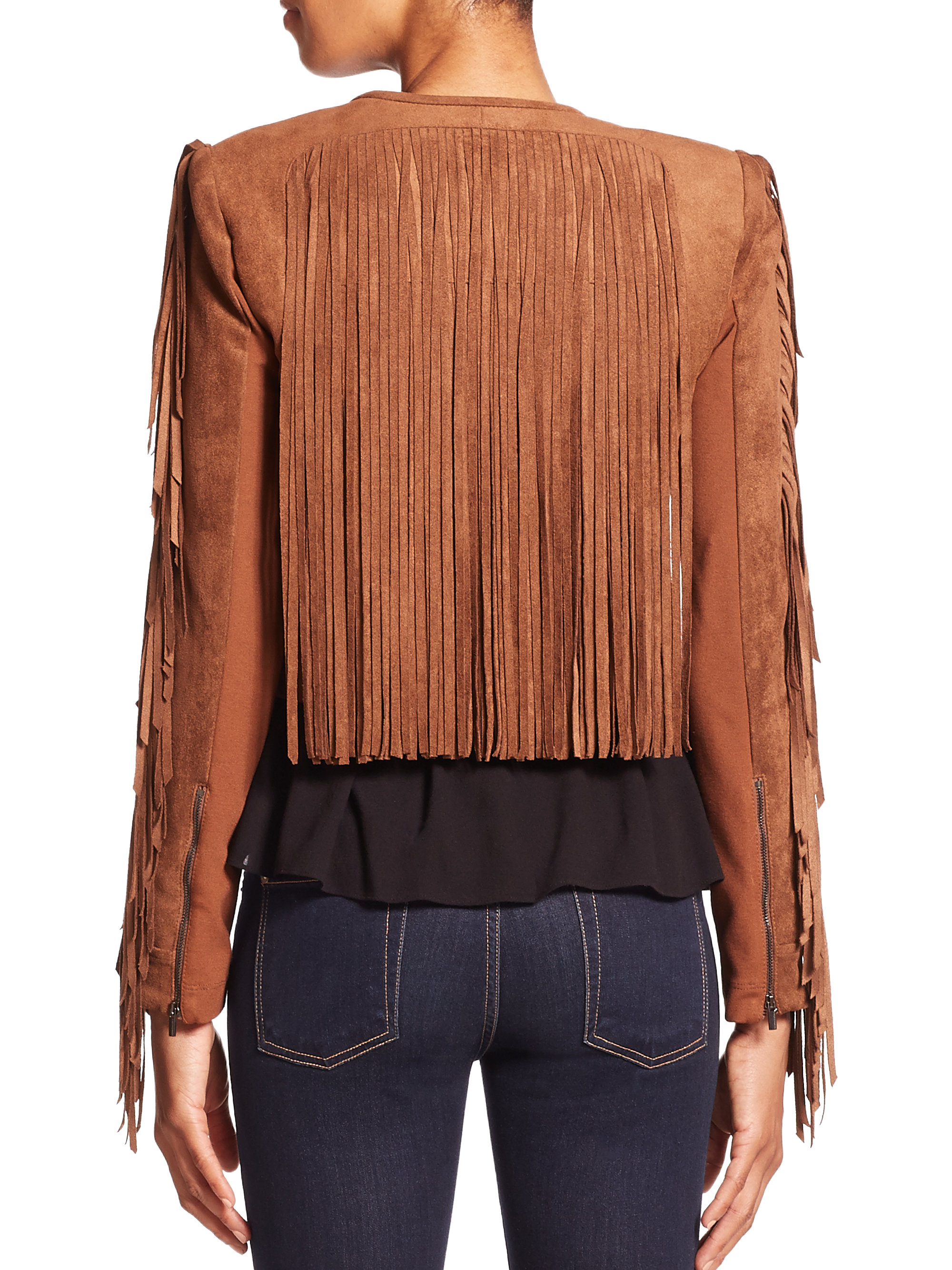 Lyst - BCBGMAXAZRIA Farrell Cropped Faux Suede Fringe Jacket in Brown