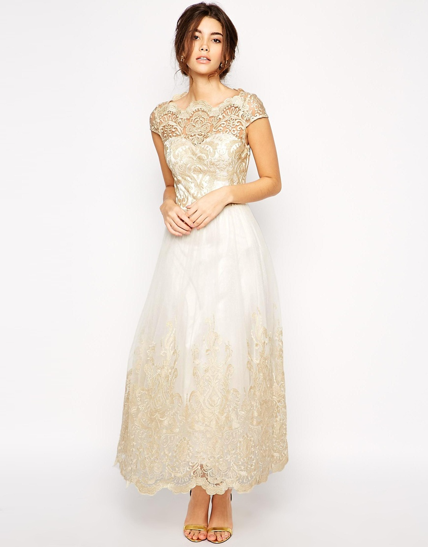 chi chi london scallop plunge maxi prom dress with gold embroidery