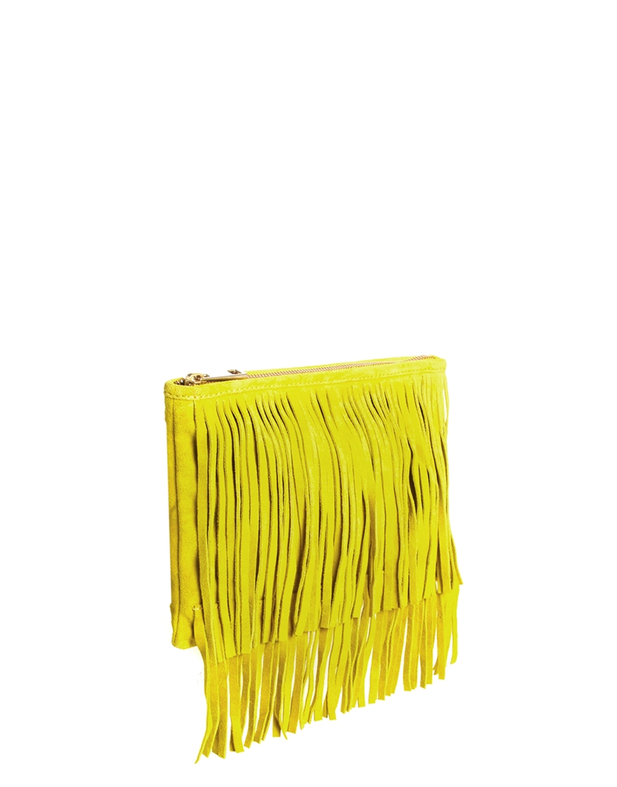 Lyst Asos Suede Fringe Clutch Bag in Yellow