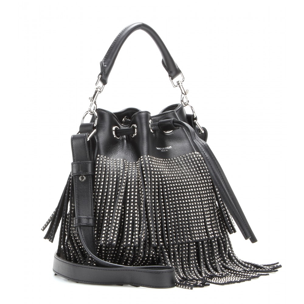 handbag tag - Saint laurent Emmanuelle Embellished Fringed Leather Bucket Bag in ...