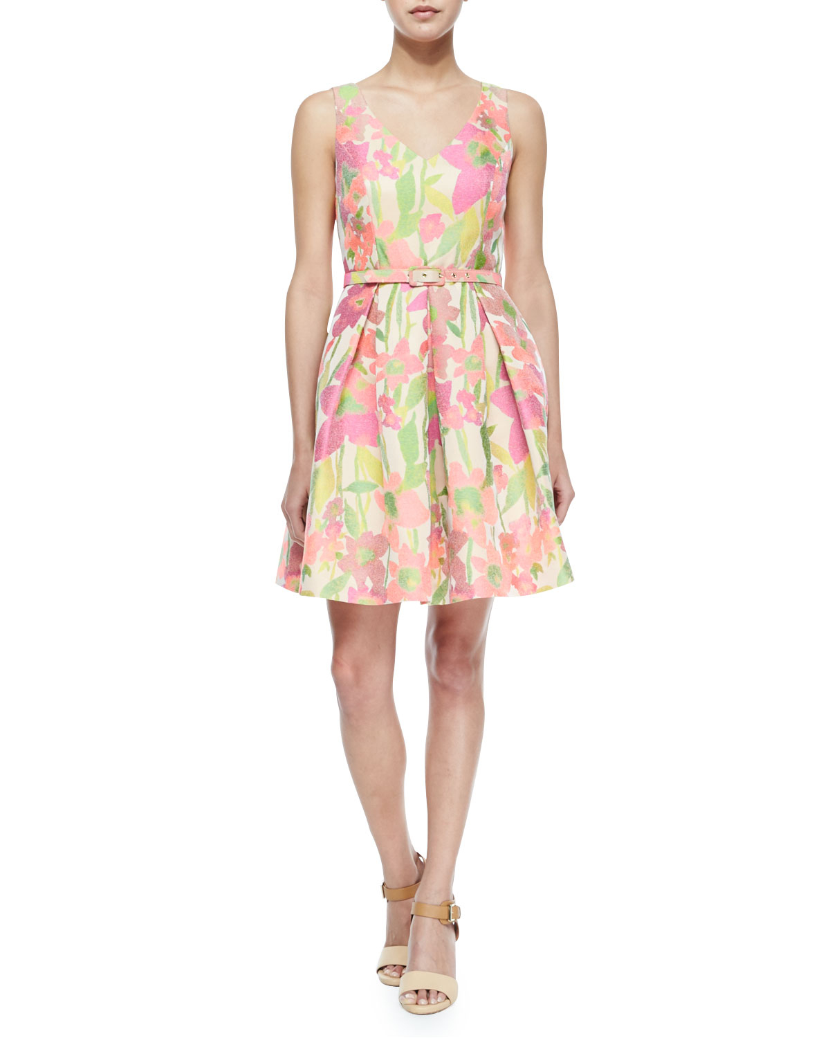 Trina Turk Martha Floral V-neck Belted Fit-and-flare Dress in Yellow ...