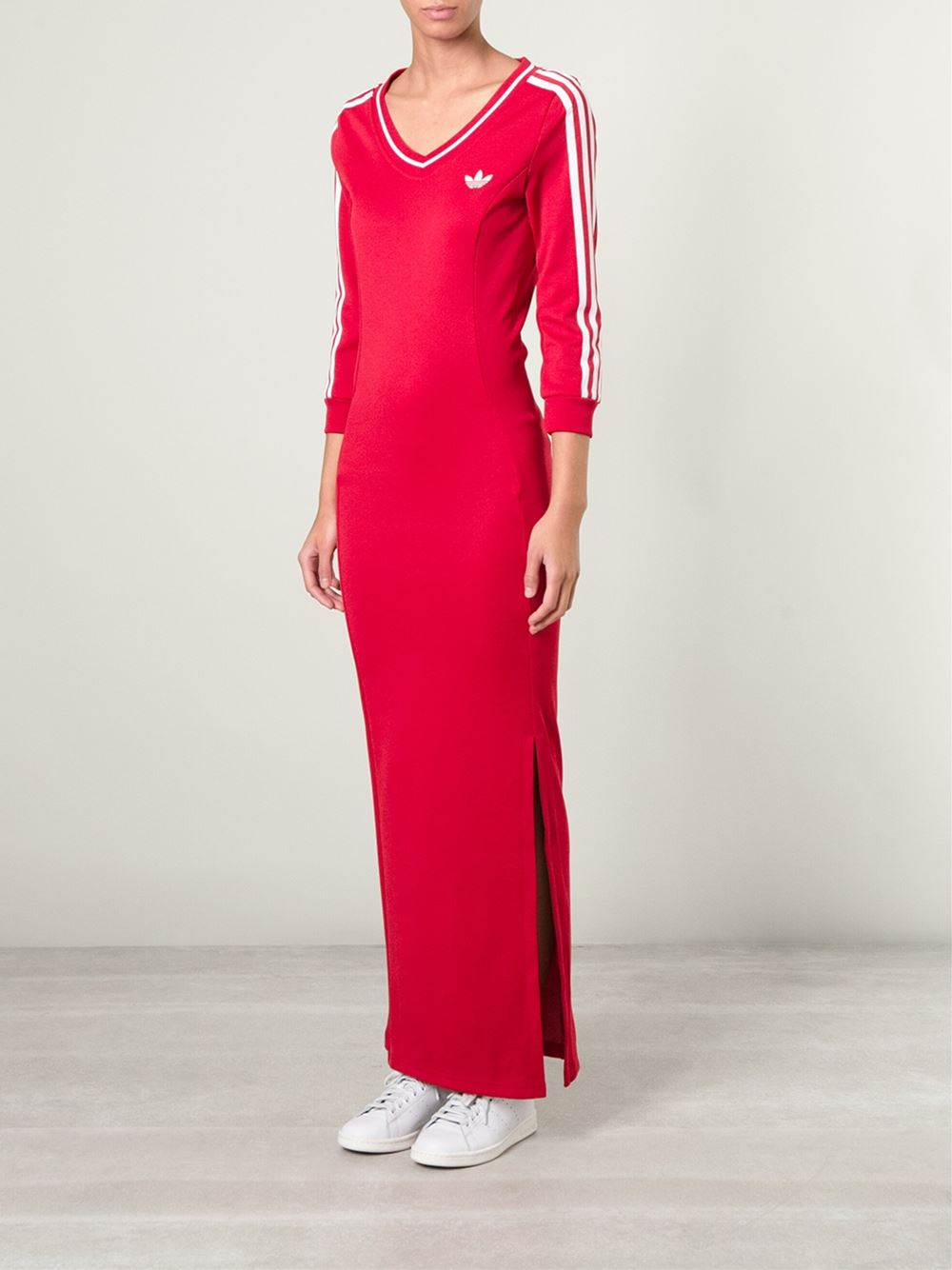 Adidas Long Line Jersey Dress in Red | Lyst
