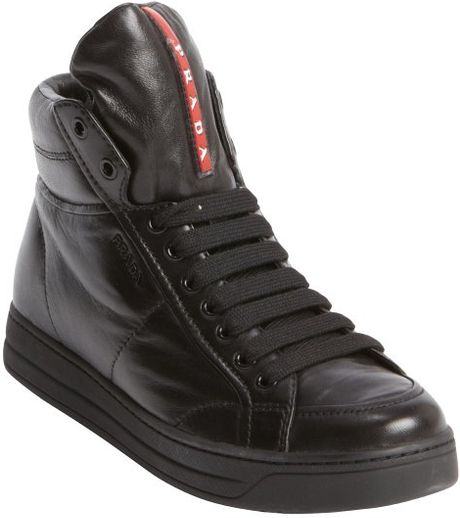Prada Black Leather Zipper Detail High Top Sneakers in Black for Men | Lyst
