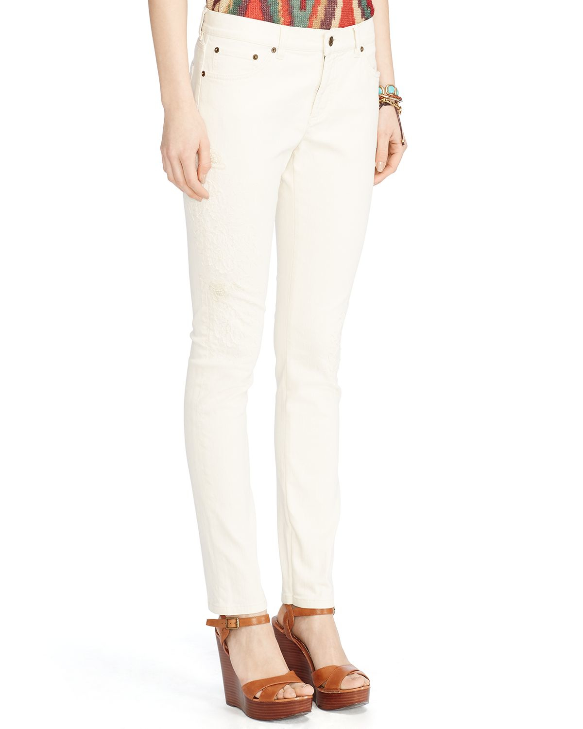 Pink pony Lauren Embroidered Skinny Jeans In Beach Natural in Natural | Lyst
