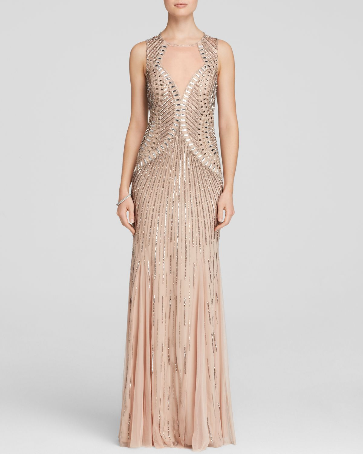 Lyst - Aidan mattox Gown - Sleeveless Illusion Yoke Beaded Godet in Natural