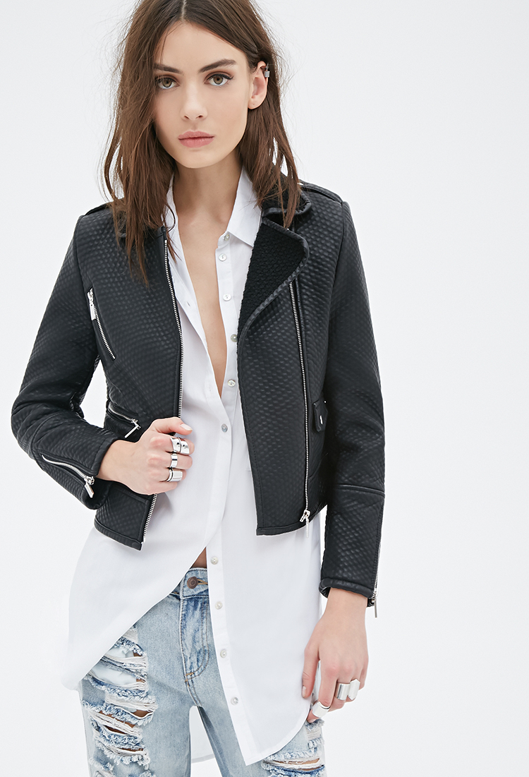 Forever 21 Textured Faux Leather Moto Jacket In Black Lyst Gallery