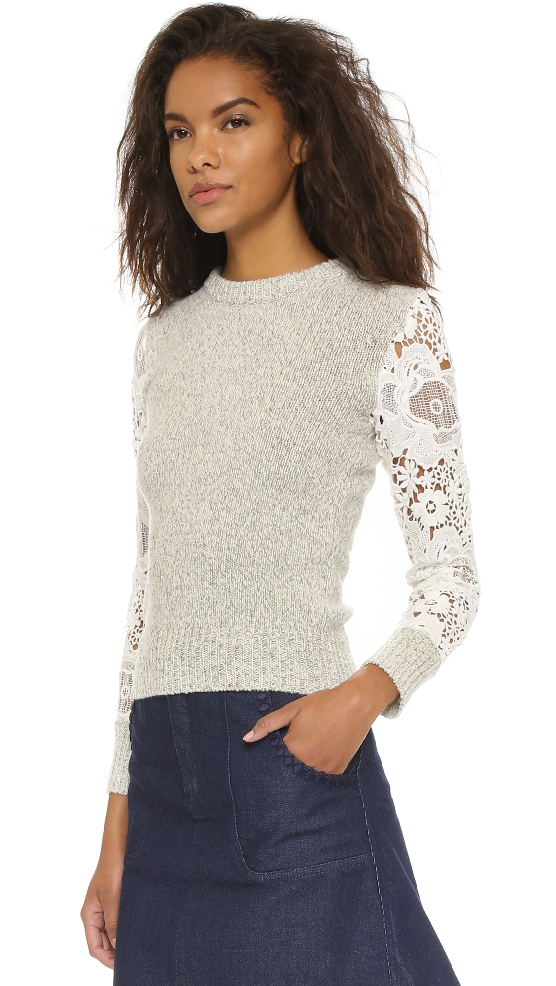 See By Chloé Pullover Sweater With Lace Sleeve Detail - Milk in White ...