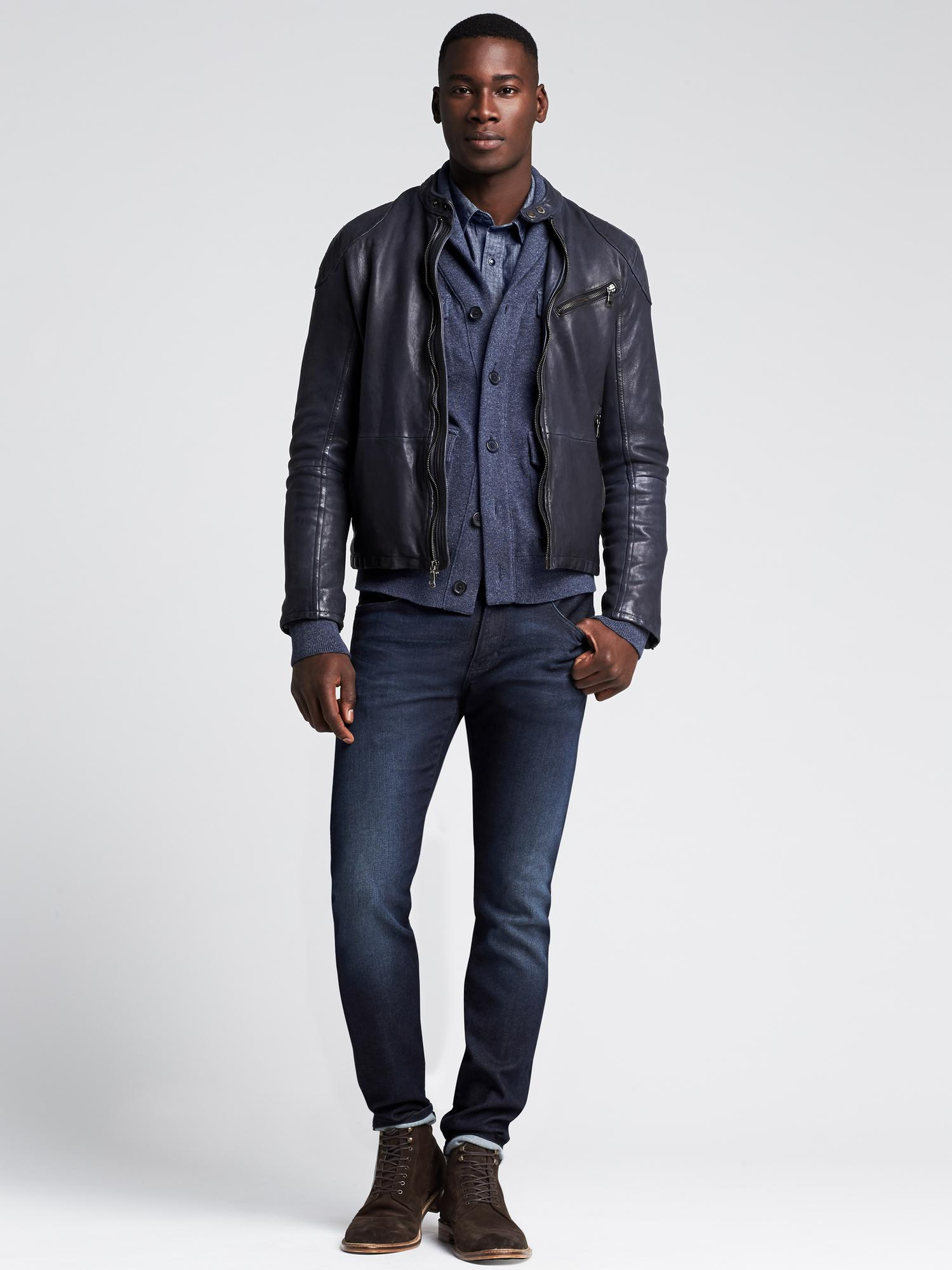 Lyst Banana Republic Navy Leather Moto Jacket In Blue Gallery