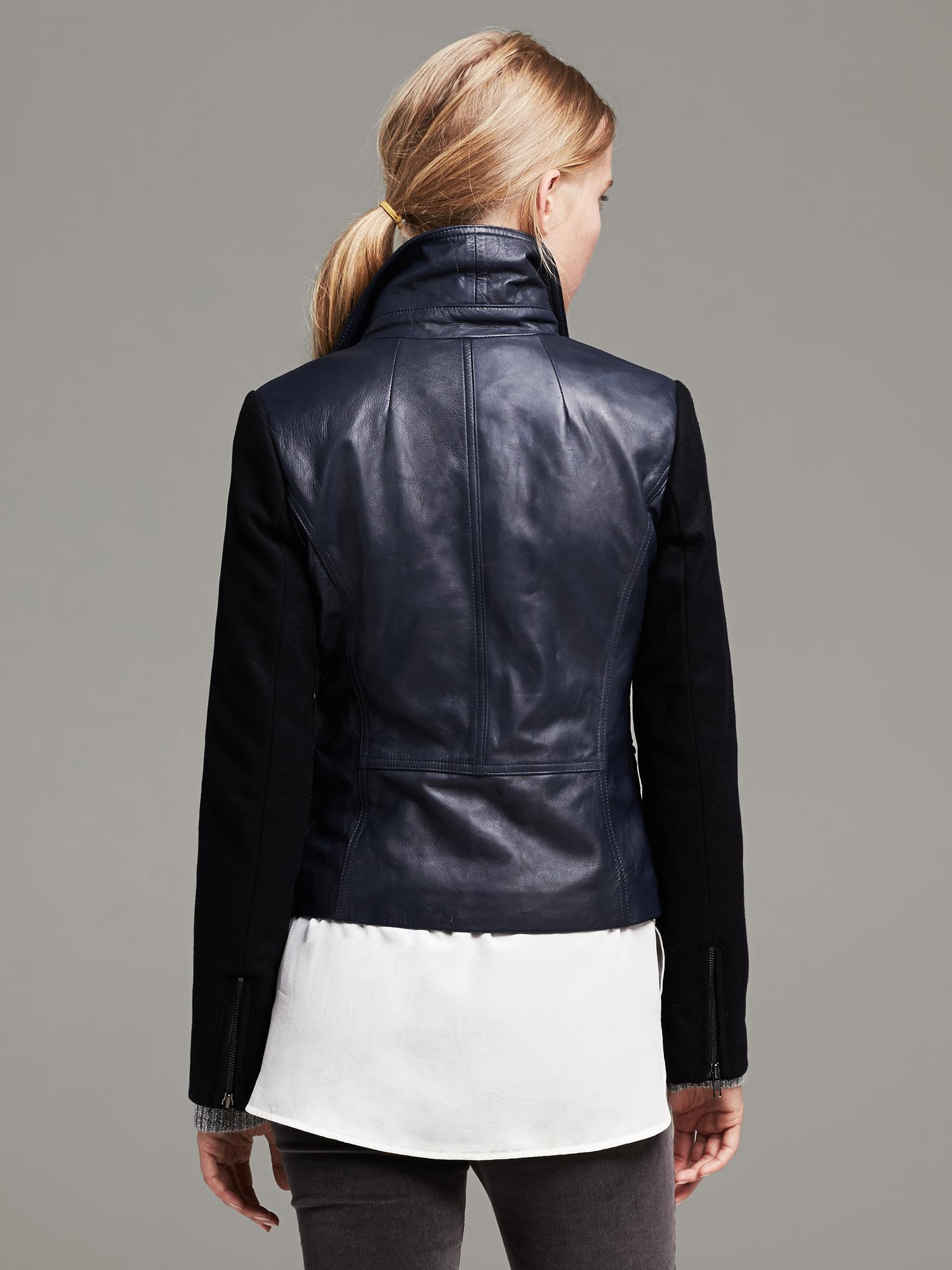 Lyst Banana Republic Mixed A Leather Moto Jacket In Blue Gallery