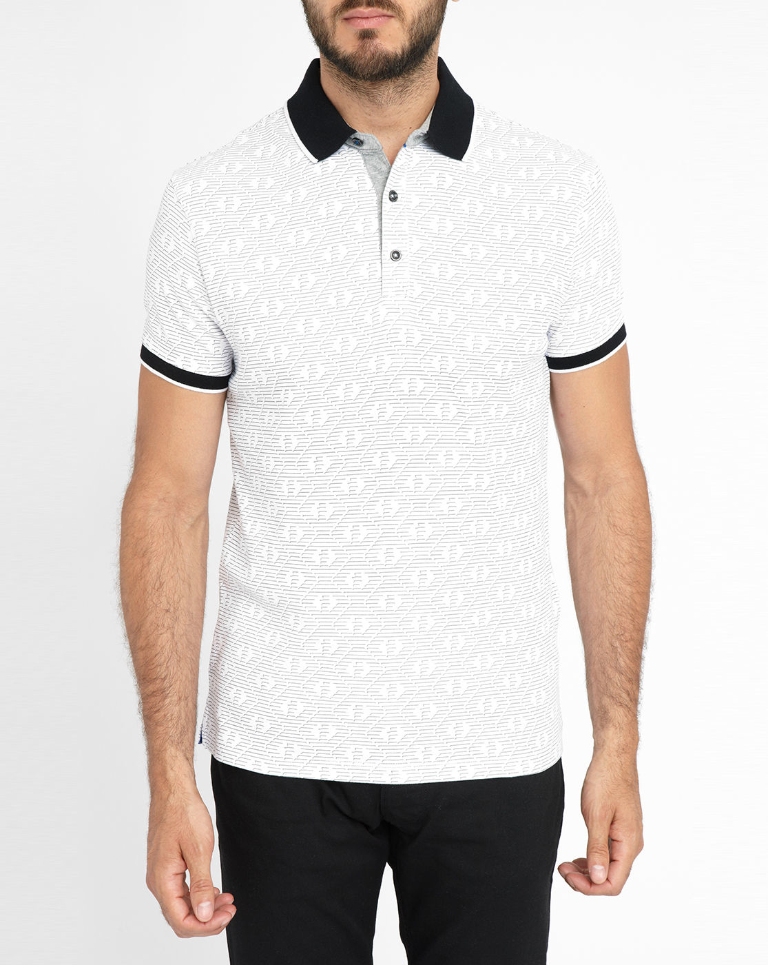 Armani jeans White All-over Print Navy Collar Short-sleeve Polo Shirt ...