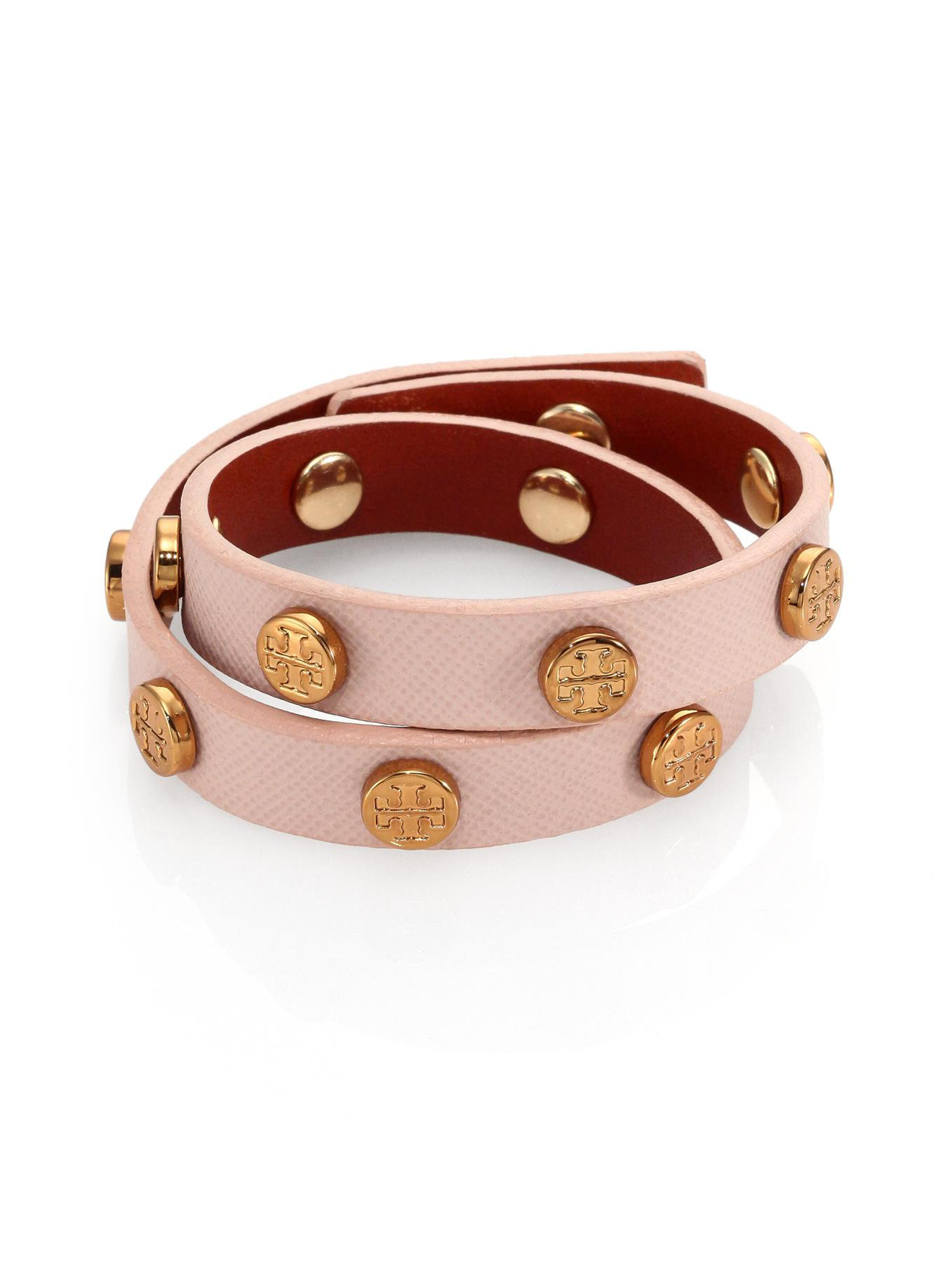 Lyst Tory Burch Logo Stud Saffiano Leather Double Wrap Bracelet In Gallery