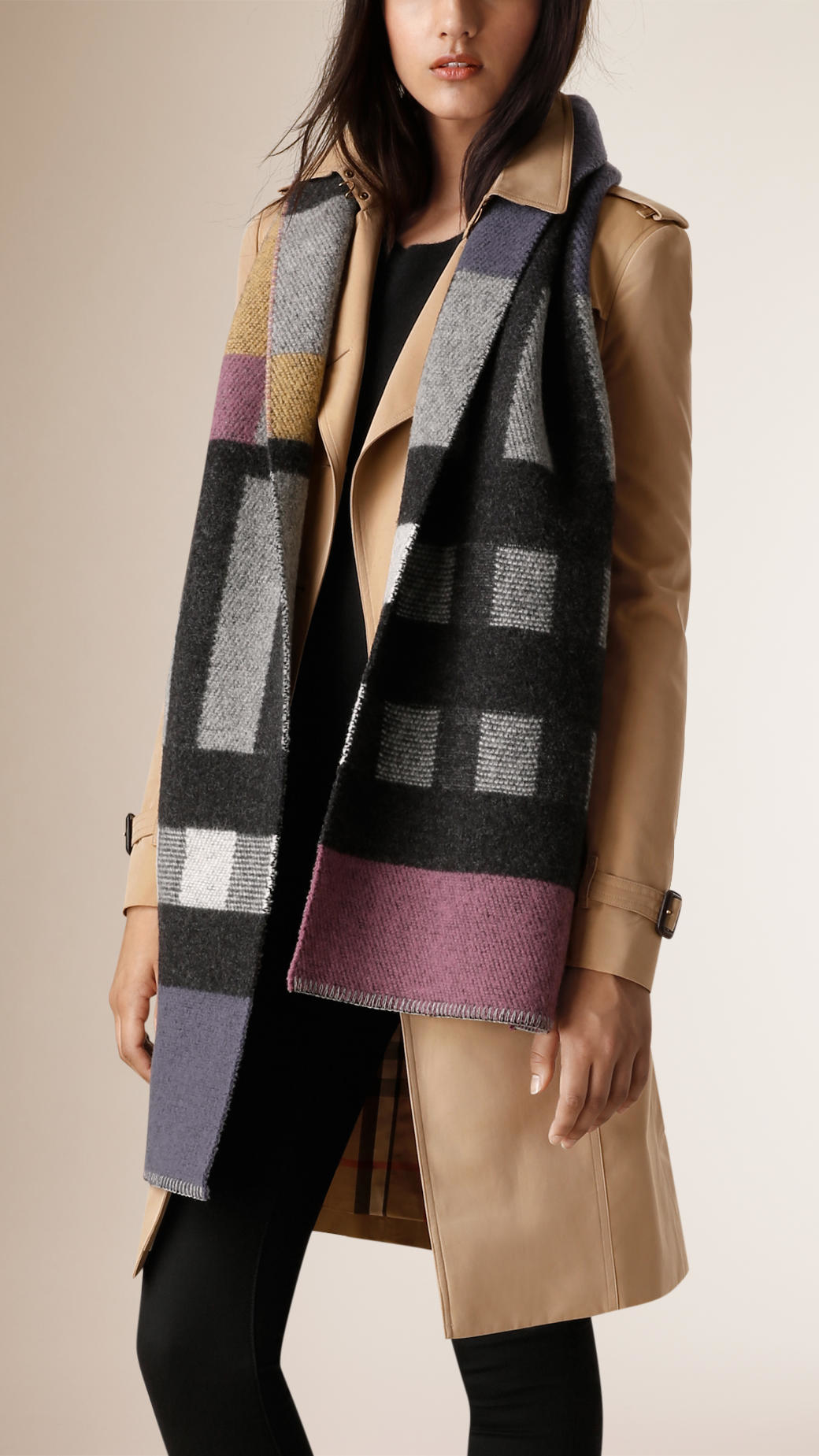 colour block check merino wool scarf