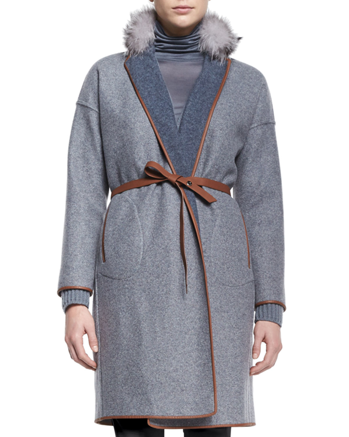 Lyst - Loro Piana Fox Fur-Collar Reversible Belted Coat in Blue