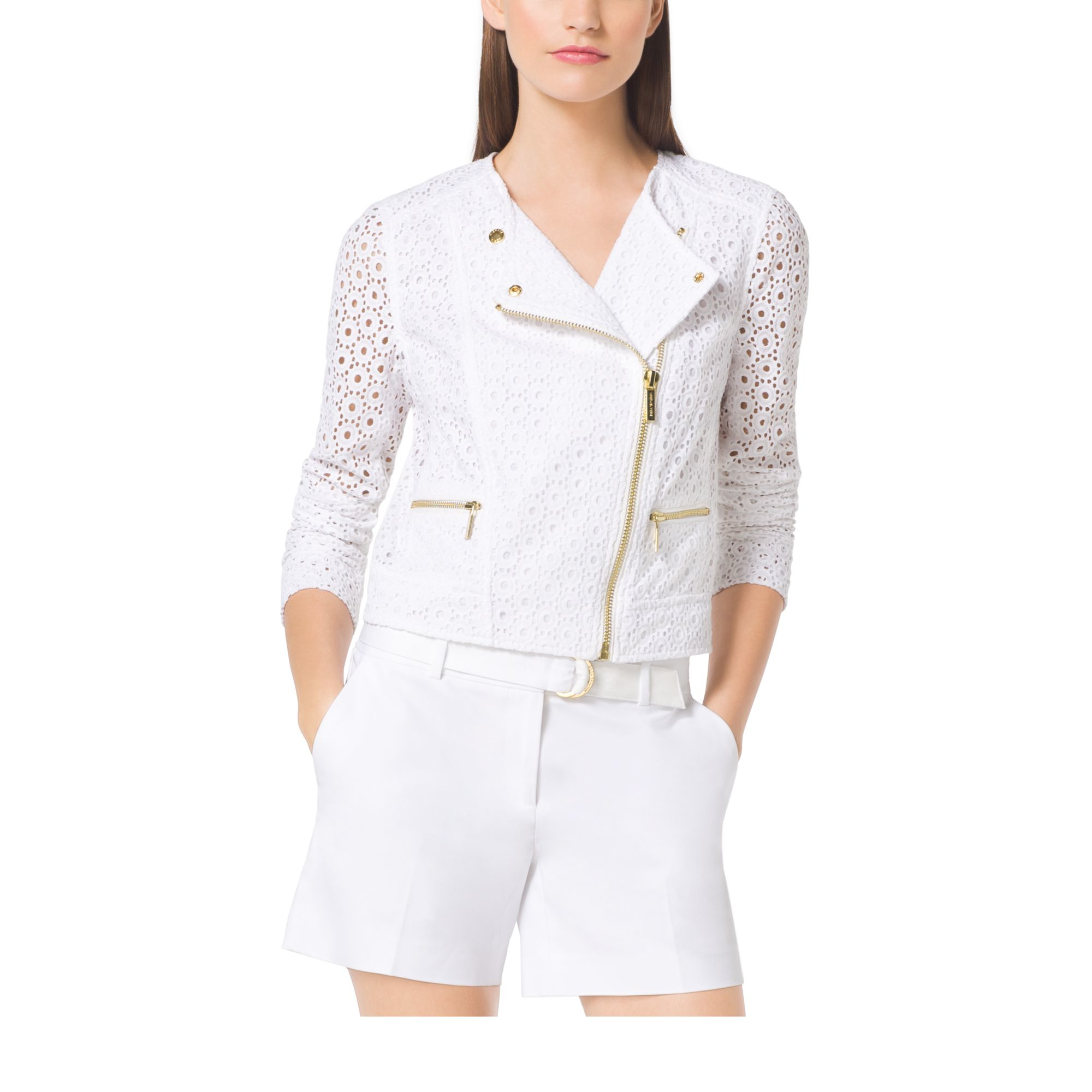 Lyst Michael Kors Eyeletembroidered Cotton Moto Jacket in White