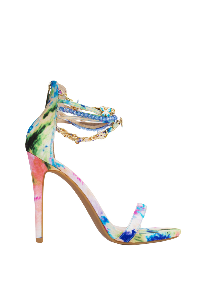 Lyst - Akira Jewel & Chain Ankle Strap Open Toe Blue Floral Print ...