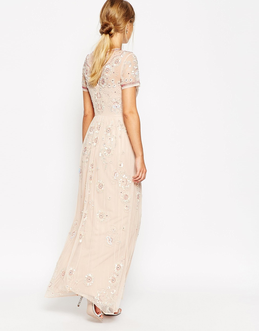 Lyst - Asos Salon Beaded Floral Mesh Maxi Dress in Pink