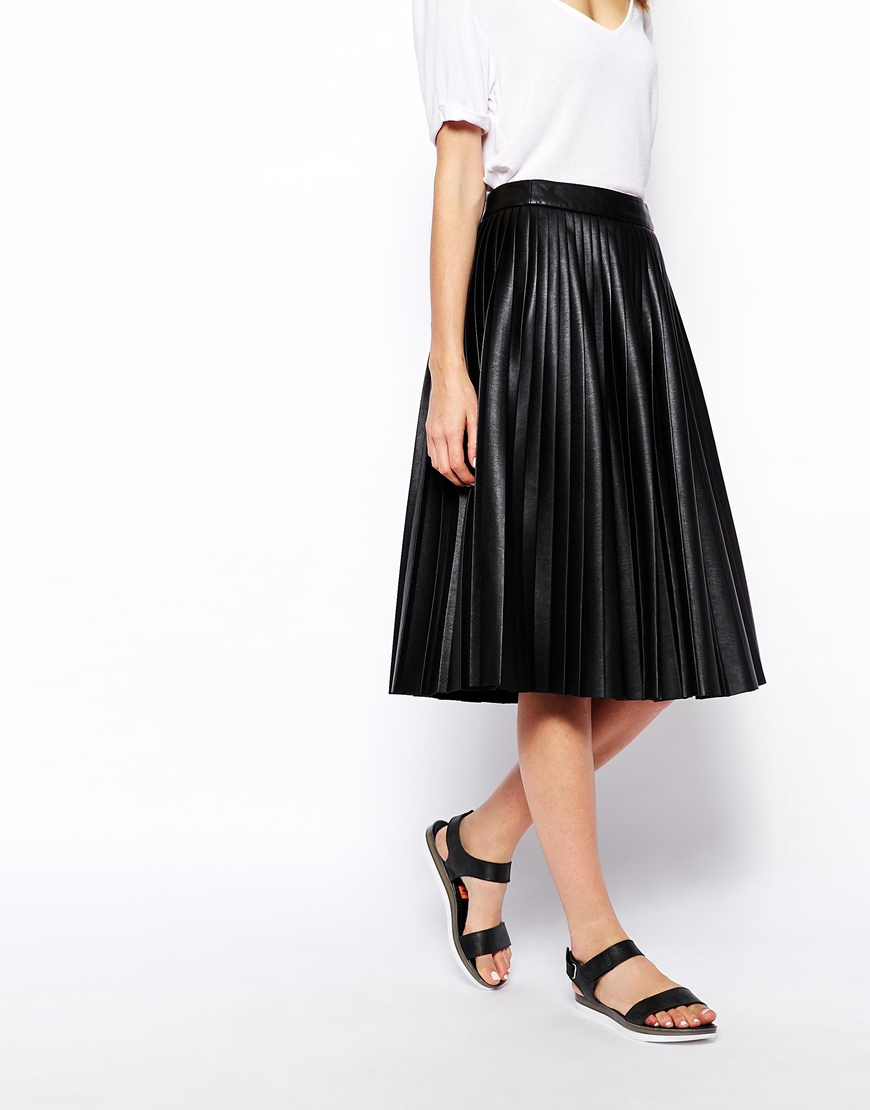 Lyst - Asos Pleated Midi Skirt In Leather Look in Black