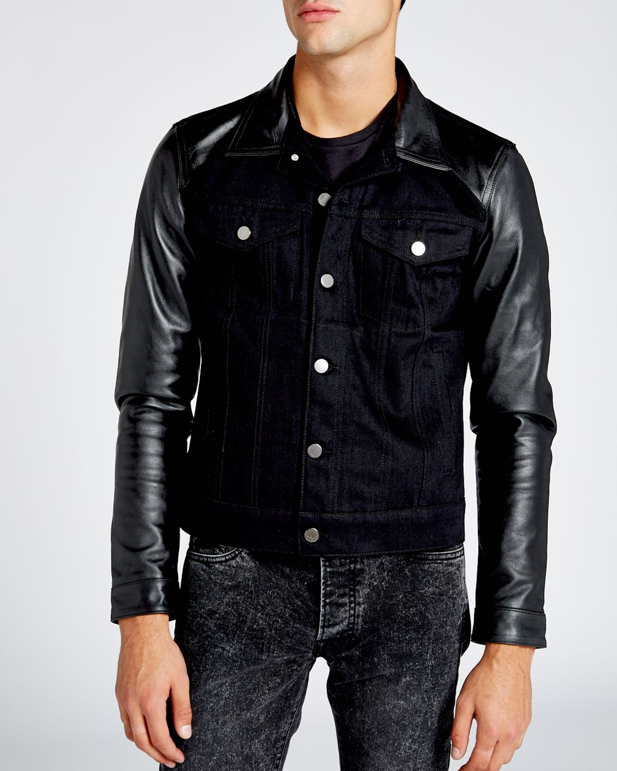 Lyst The Kooples Leather Sleeve Denim Jacket In Black For Men Gallery