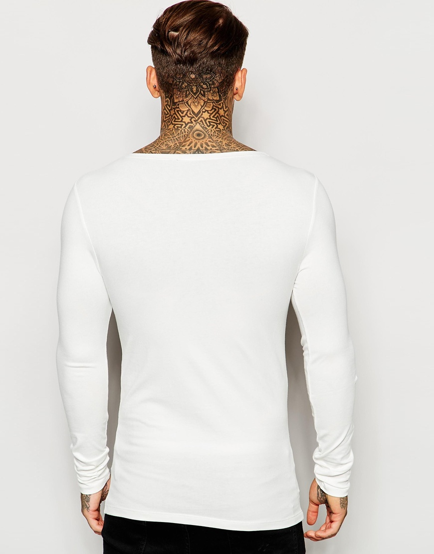 Lyst Asos Extreme Muscle Fit Long Sleeve Tshirt In Off White With Boat Neck in White for Men