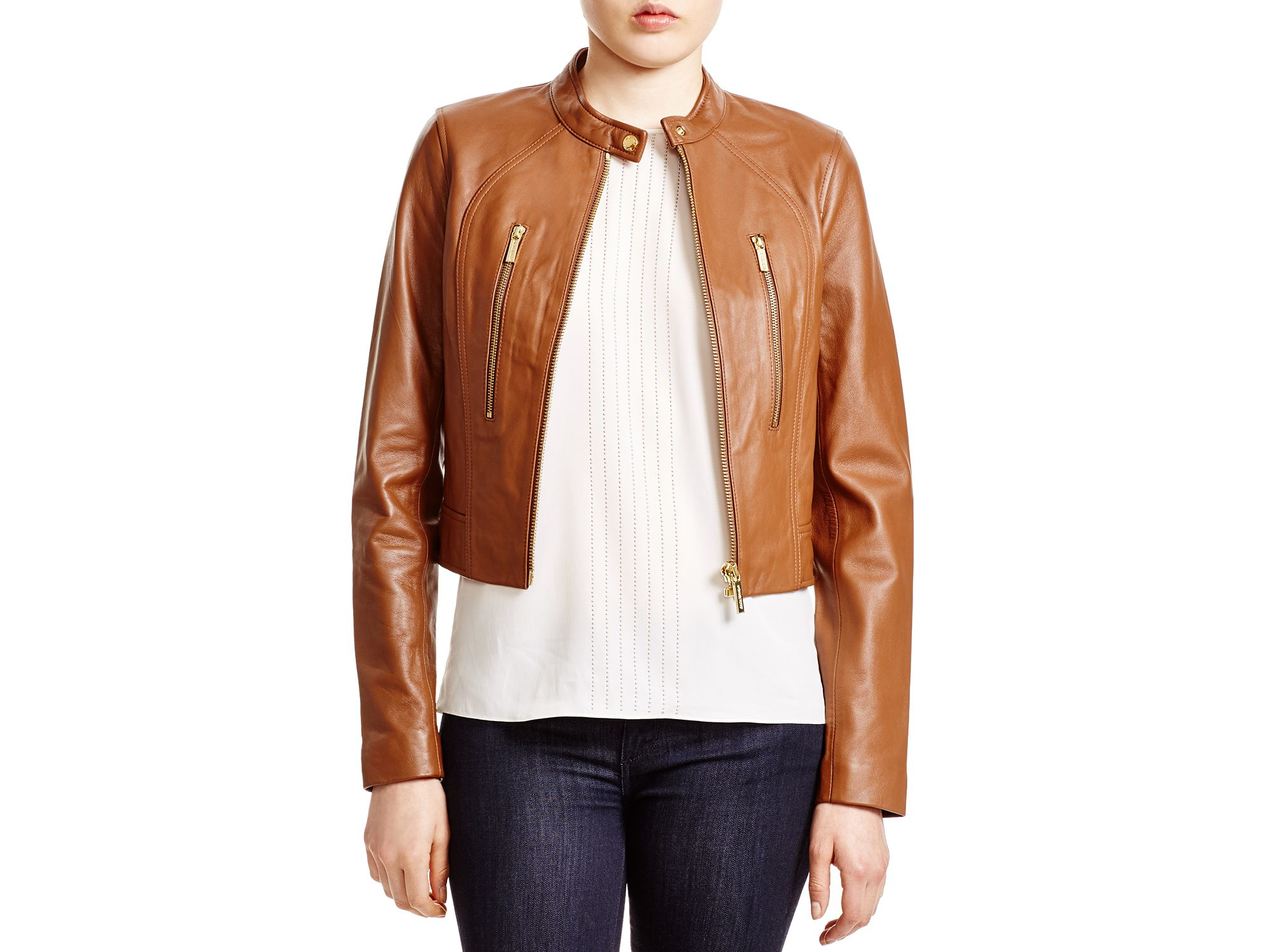 Lyst Michael Kors Cropped Leather Moto Jacket In Brown Gallery Previously Sold At Bloomingdale S Women Cropped Leather Jackets