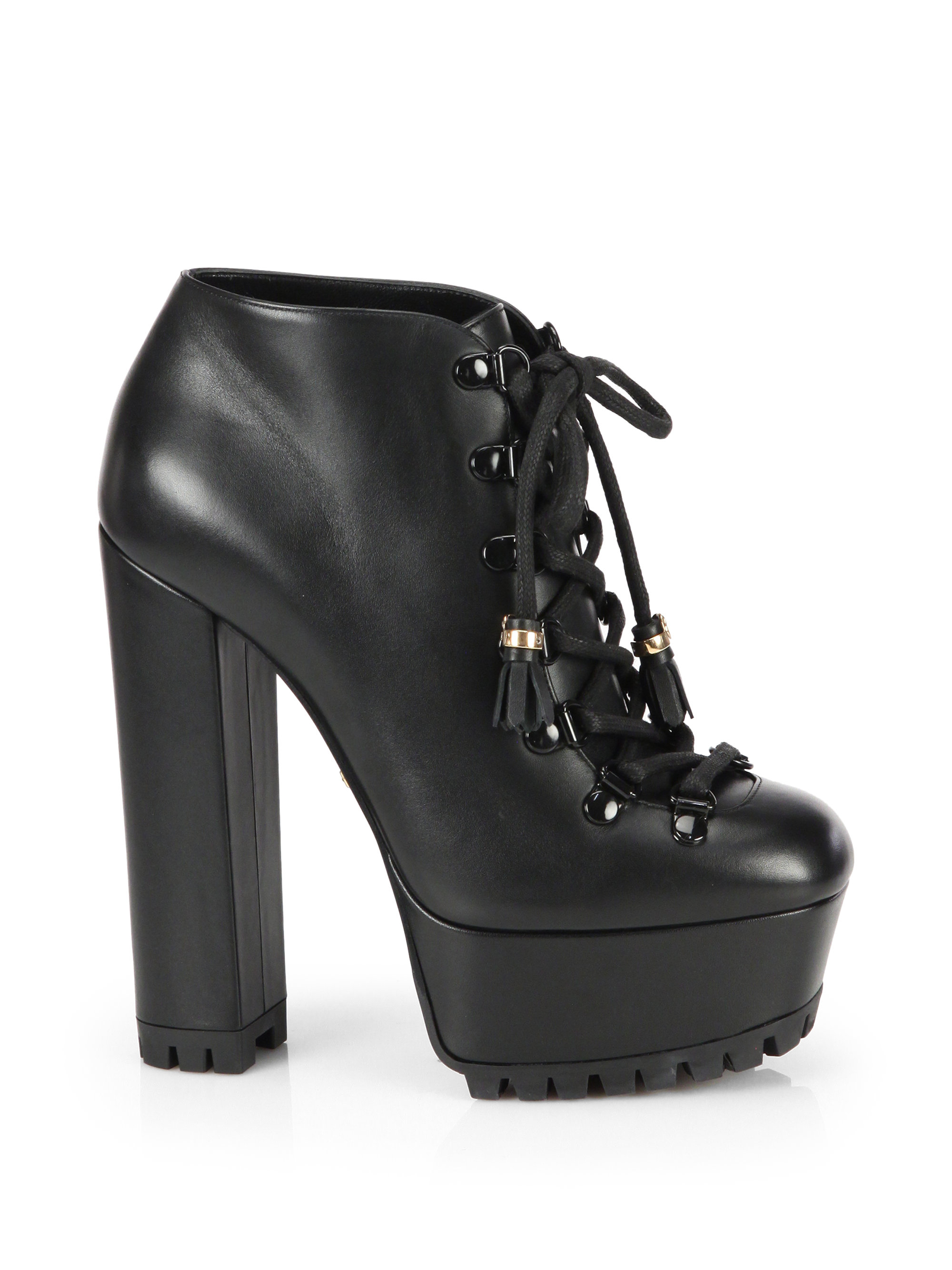 Gucci Kayla Lace-Up Leather Platform Ankle Boots in Black - Lyst