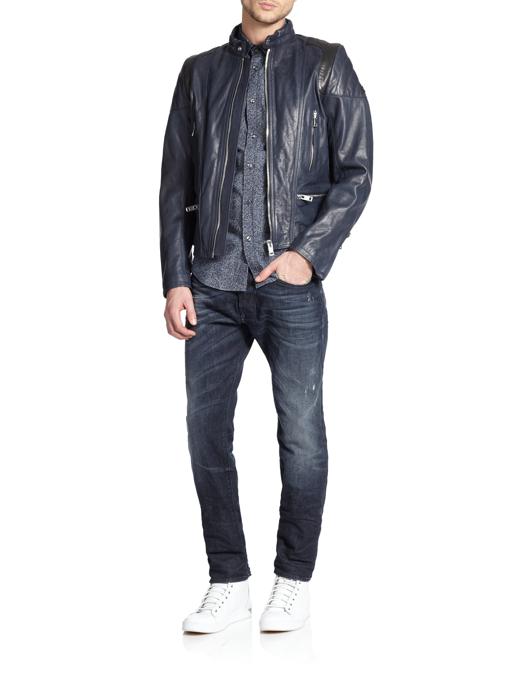 Lyst - Diesel Stone Leather Jacket in Blue for Men