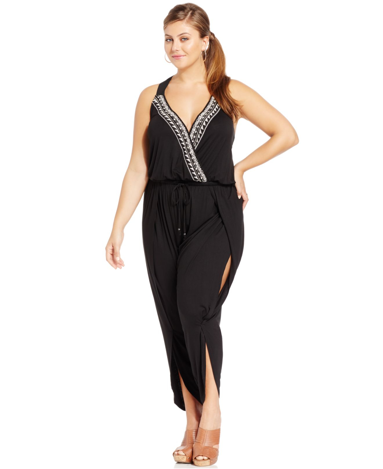 Jessica simpson Plus Size Embroidered Halter Jumpsuit in Black | Lyst