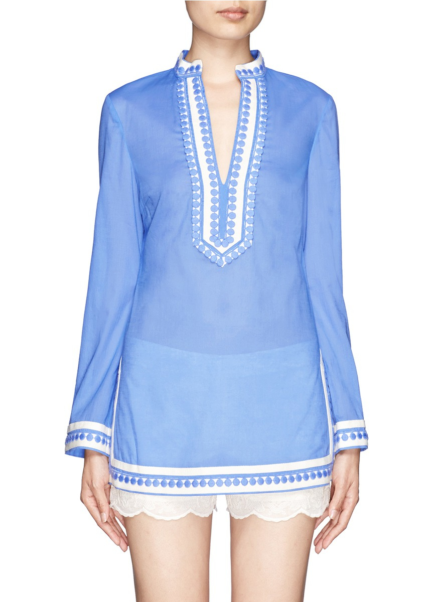 Lyst - Tory Burch Tory Embroidered Contrast Trim Tunic in Blue