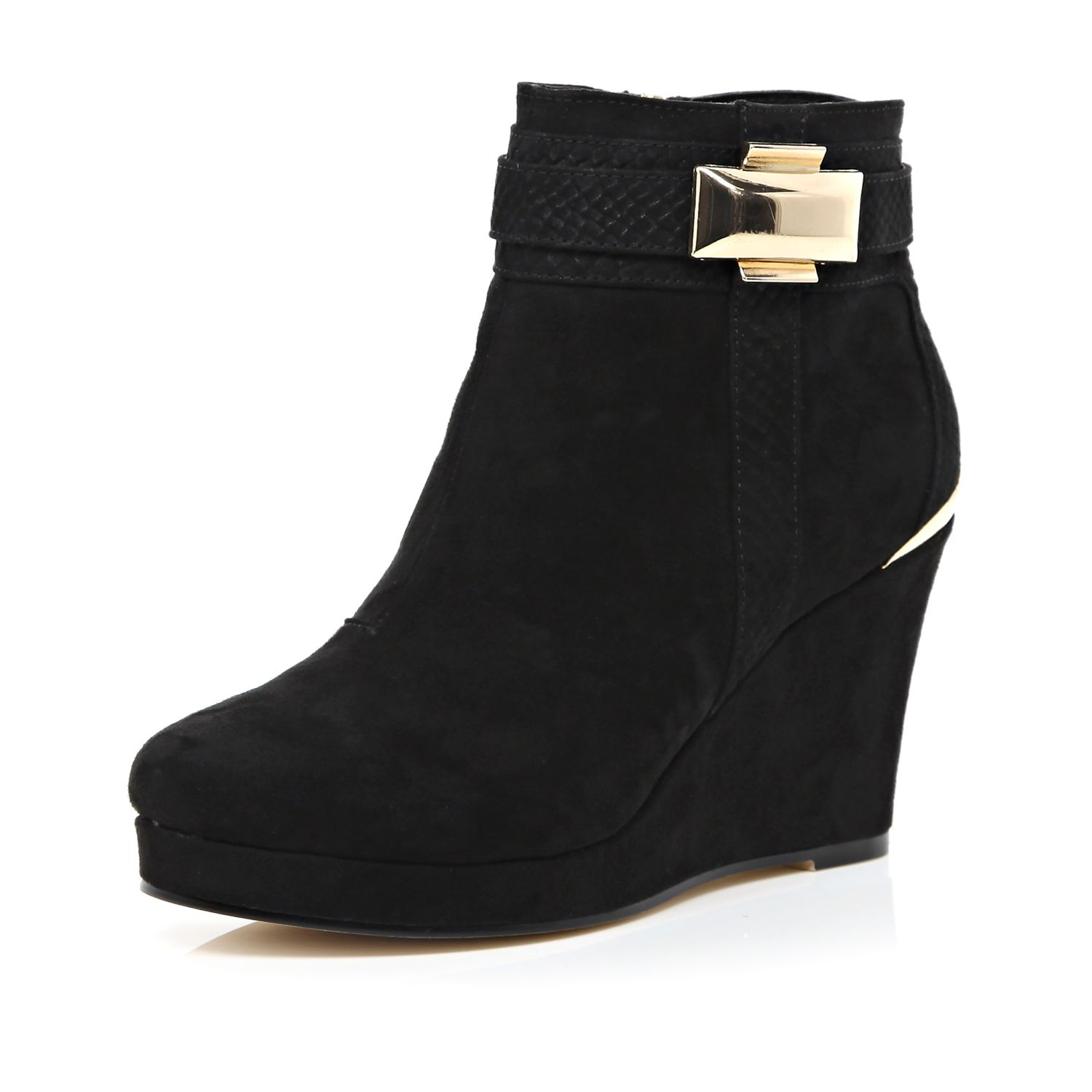 Lyst - River island Black Metal Trim Wedge Ankle Boots in Black