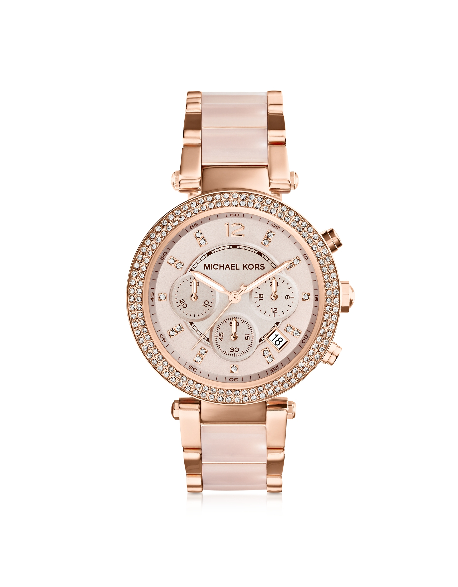 Lyst Michael Kors Mid Size Rose Golden Stainless Steel Parker Chronograph Glitz Watch In Pink 