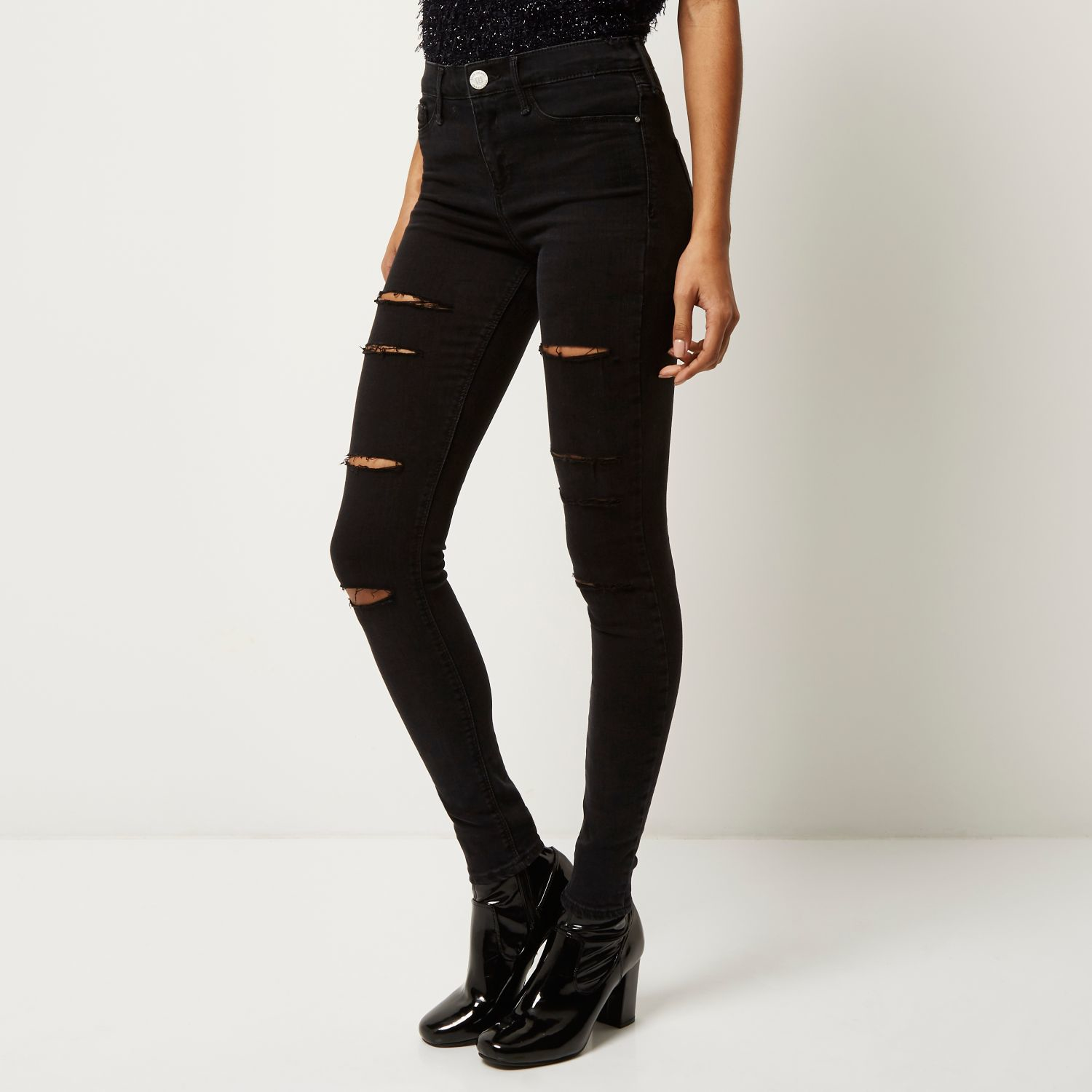 River Island Black Ripped Molly Jeggings in Black - Lyst