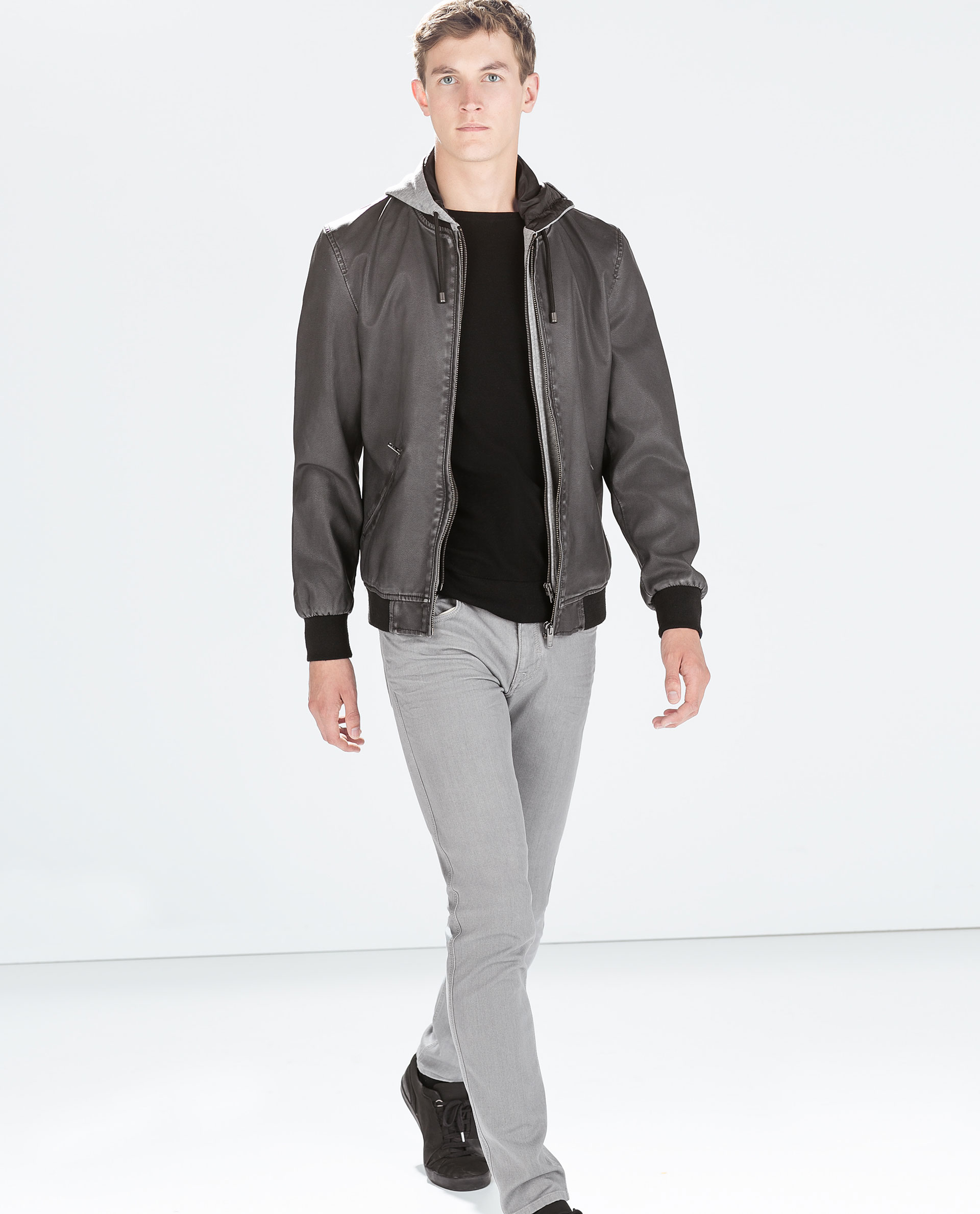 Zara Faux Leather Hooded Jacket In Gray For Men Lyst Gallery