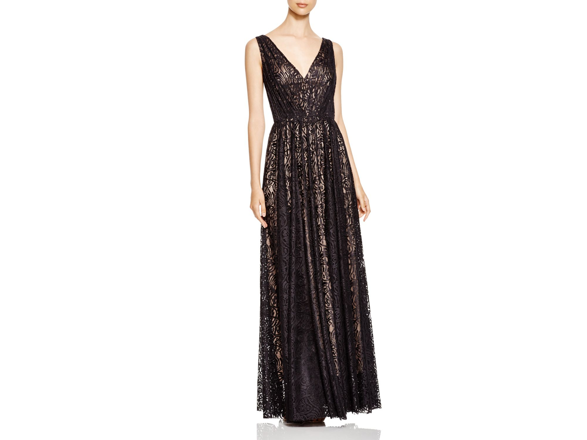 Lyst Vera V Neck Lace Gown In Black Gallery