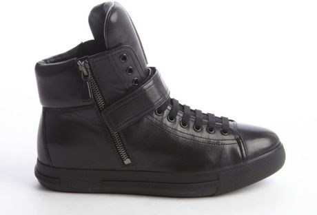 Prada Black Leather Zip Detail Velcro Strap High Top Sneakers in Black ...