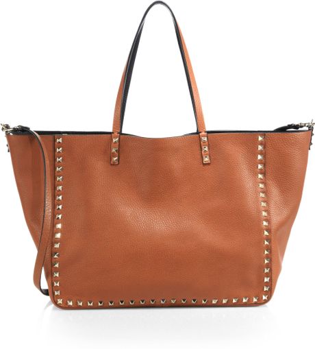 Valentino Reversible Studded Leather Tote in Brown (COGNAC-BLACK) | Lyst