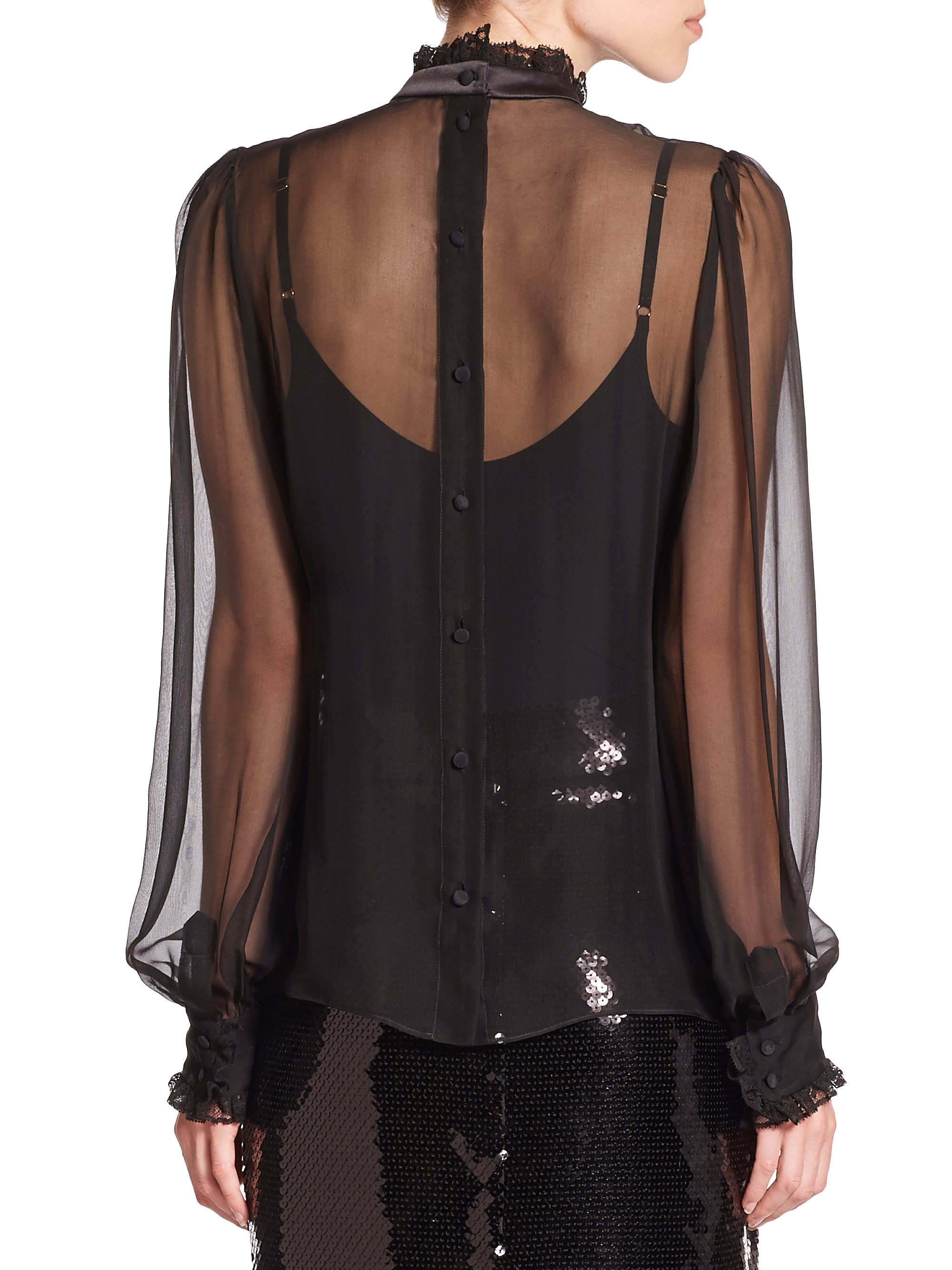 Lyst - Dolce & Gabbana Sheer Chiffon Ruffle-Bib Blouse in Black